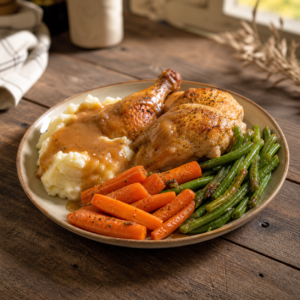 Test roast chicken dinner with mashed potatoes and green beans