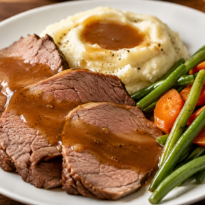 Test roast beef lunch with mashed potatoes and vegetables