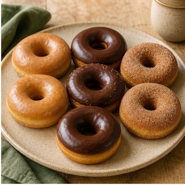 Assorted glazed, chocolate and cinnamon sugar donuts