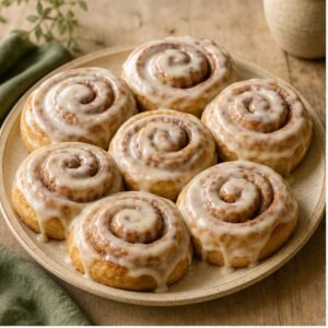 Six homemade iced cinnamon buns