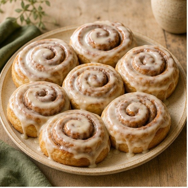 Six homemade iced cinnamon buns
